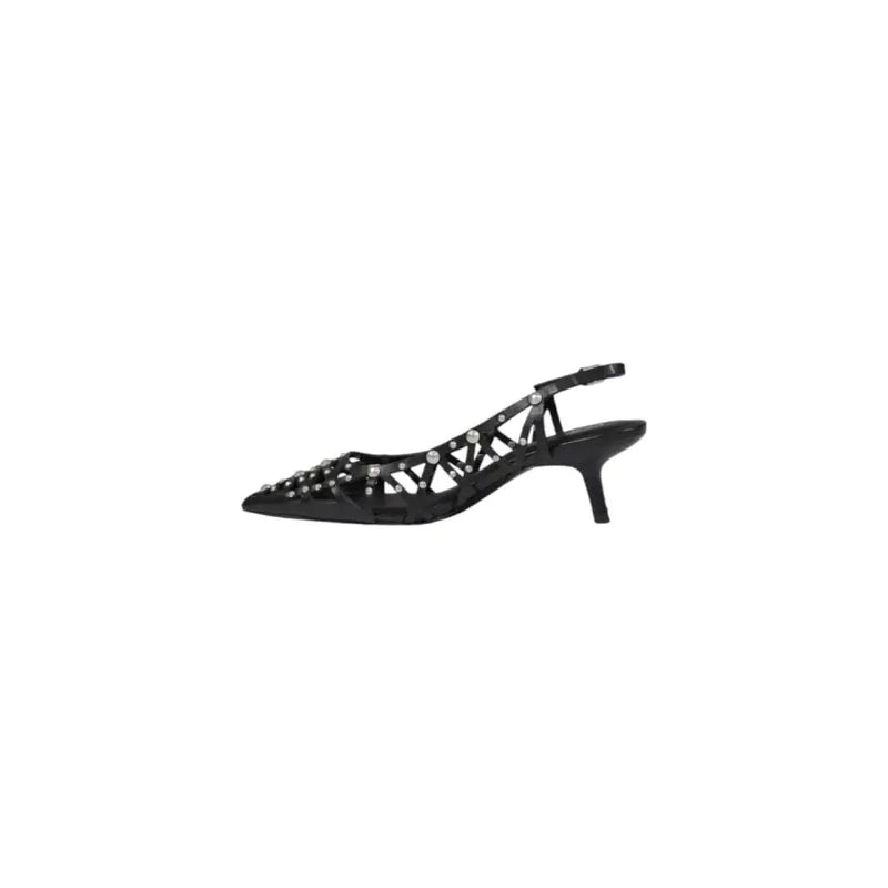 Black satin slingback heel with pointed toe and decorative silver studs along the straps