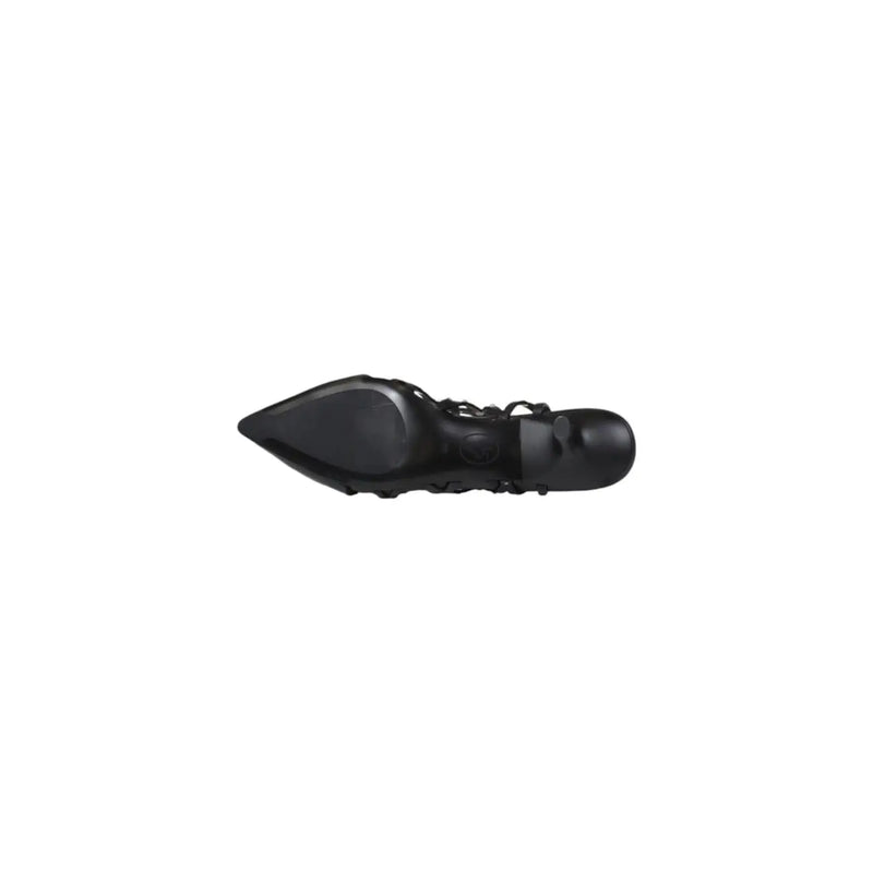 Black pointed-toe lace-up pump with glossy finish and ankle strap featured in black slingback heel with embellishments