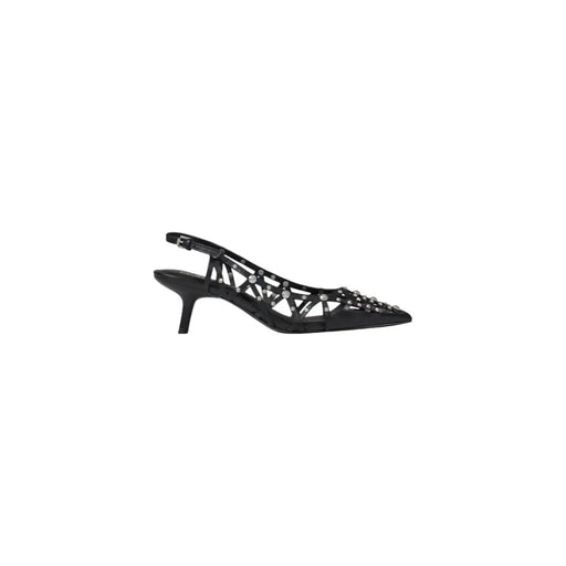 Black satin slingback pump with geometric lattice design and sparkling rhinestone embellishments