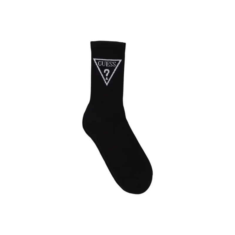 Black Guess sock featuring a white logo and tag for stylish footwear