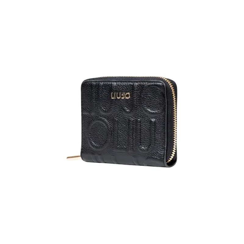 Black embossed square zip-around wallet displayed for stylish storage and organization