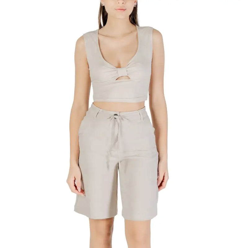 Beige sleeveless crop top with center bow detail for women