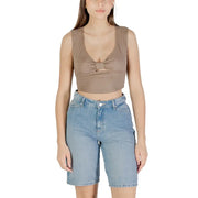 Taupe sleeveless crop top with knotted front detail for women