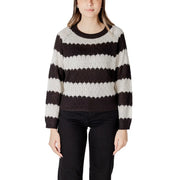 A cozy black and cream acrylic long sleeve round neck sweater with bold horizontal stripes