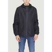 Black suns men’s hooded jacket with full-length zipper and subtle reflective detailing on sleeves for spring and summer use