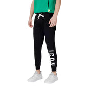Black sweatpants with white drawstring featuring vertical icon lettering on the side made from comfortable fabric