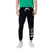 Black sweatpants with white drawstring and ICON print for casual comfort