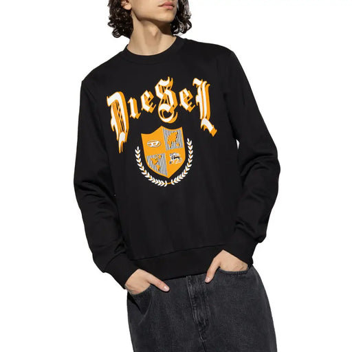 Black diesel sweatshirt in cotton featuring bold gold lettering and a shield emblem on the front side