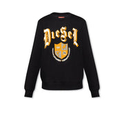Black sweatshirt from Diesel featuring a bold gold and white embroidered shield logo on black diesel sweatshirt