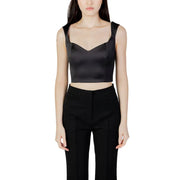 Black satin sweetheart neckline women’s tank top with square neckline and structured bodice in black satin
