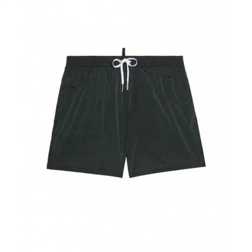Black swim trunks with white drawstring and Dsquared2 logo for stylish swimming attire
