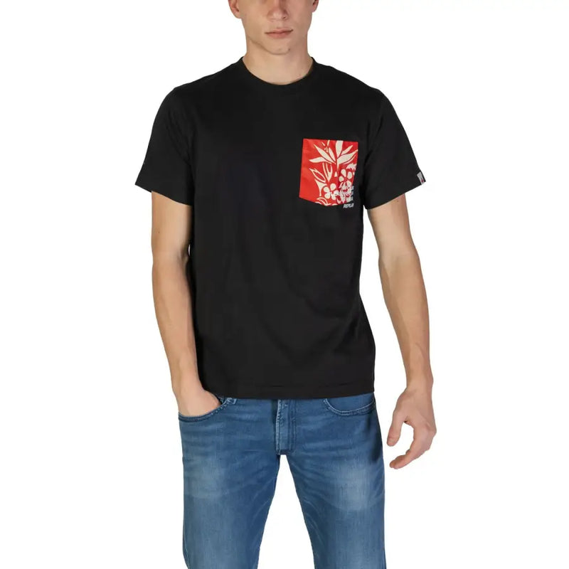 Black short-sleeved cotton t shirt with red floral pocket design on the left chest for casual wear