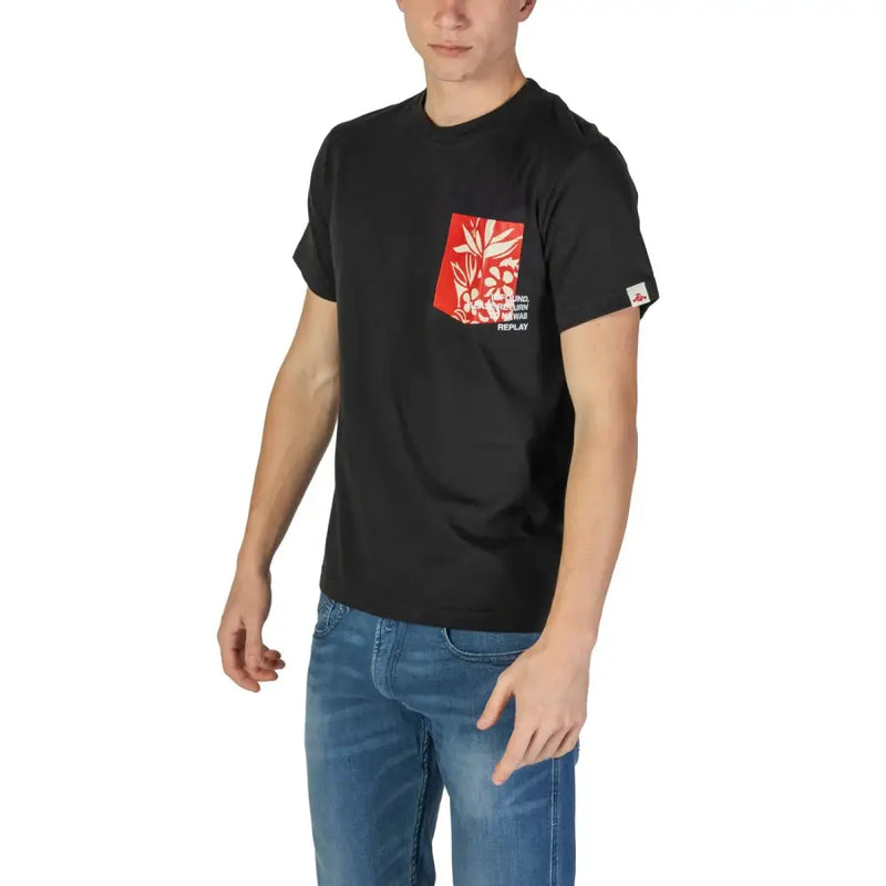 Black short-sleeved t shirt with a red and white floral pocket design on the chest for casual wear