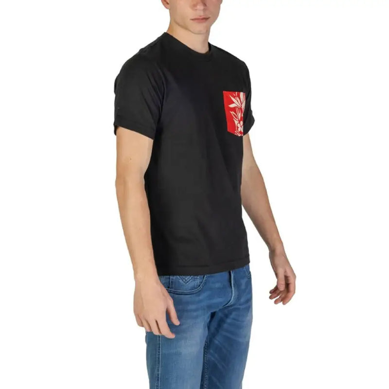 Black T shirt with floral pocket design, perfect casual wear for men or women