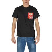 Black t-shirt featuring a floral pocket design for casual or stylish wear