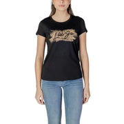 Black t-shirt featuring gold metallic graphic design on the chest by Liu Jo