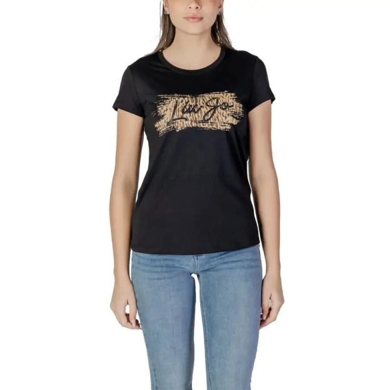 Black t-shirt featuring gold metallic graphic design on the chest by Liu Jo
