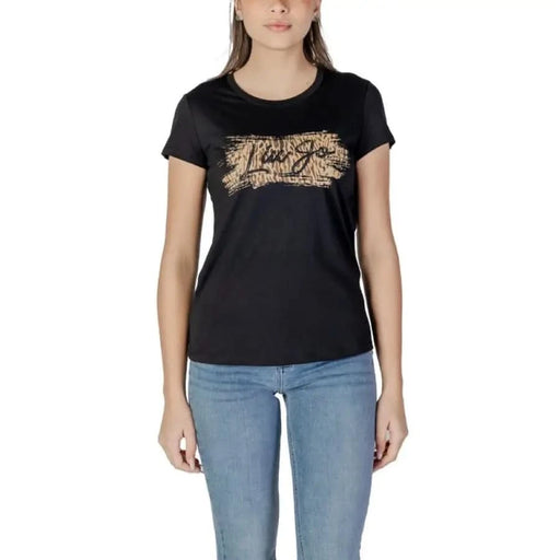 Black t-shirt featuring gold metallic graphic design on the chest by Liu Jo