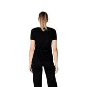 Black short-sleeved t shirt with a subtle white logo at the neckline featuring a graphic design