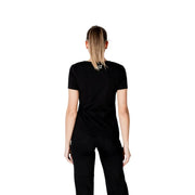 Black short-sleeved t shirt with a subtle white logo at the neckline featuring a graphic design