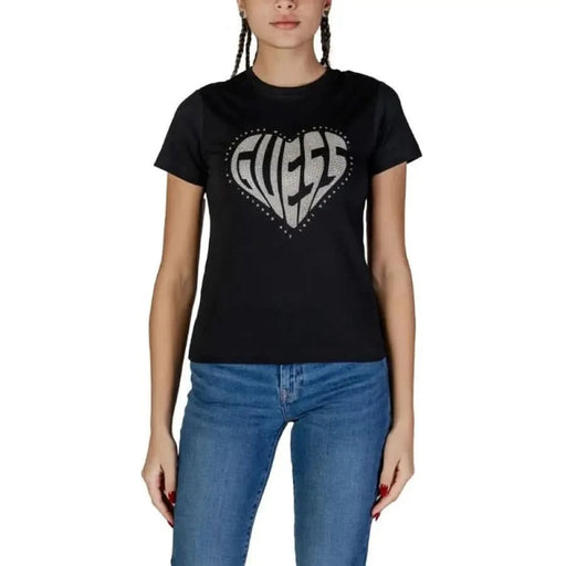 Schwarz Guess Active Frauen T-Shirt mit herzförmigem Logo auf der Vorderseite