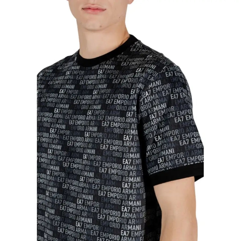 Black Ea7 Men Cotton T-Shirt with Round Neck and Repeating Logo Pattern