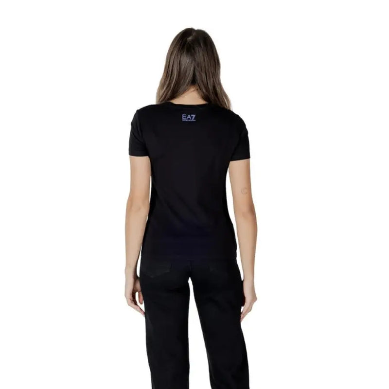 Black EA7 Emporio Armani T Shirt paired with matching black pants displayed in the image