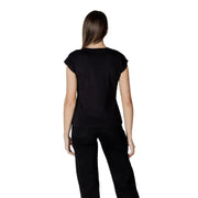 Black studded T shirt paired with matching black pants for a stylish outfit display