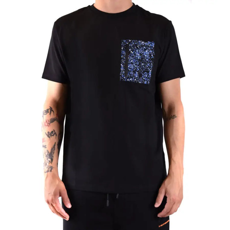 Black graphic T-shirt featuring a patterned pocket for a stylish casual look