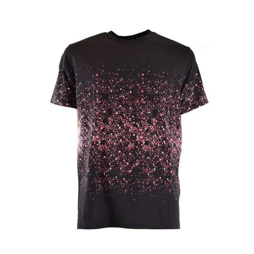 Black short-sleeved t shirt featuring a gradient pink and white speckled print for casual wear