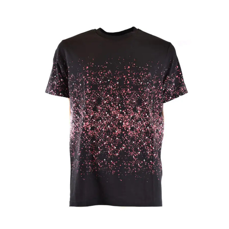 Black T shirt featuring a pink splatter pattern design for stylish casual wear