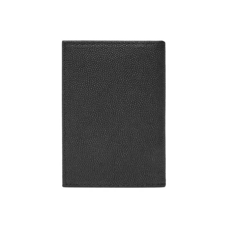 Open black leather card holder wallet featuring textured black leather finish