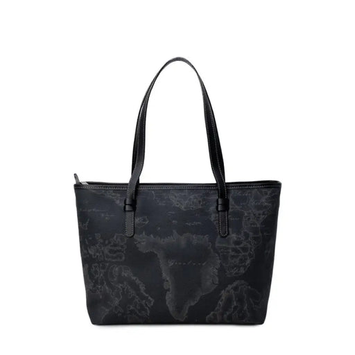 Black tote bag featuring a detailed world map pattern for stylish travel and everyday use