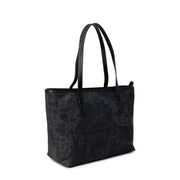 Black tote bag featuring a detailed world map pattern ideal for travel lovers