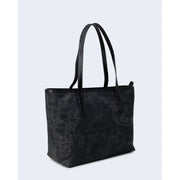 Black tote bag featuring a detailed world map pattern for travel enthusiasts