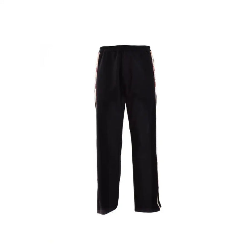 Black track pants with stylish side stripes ideal for sports and casual wear