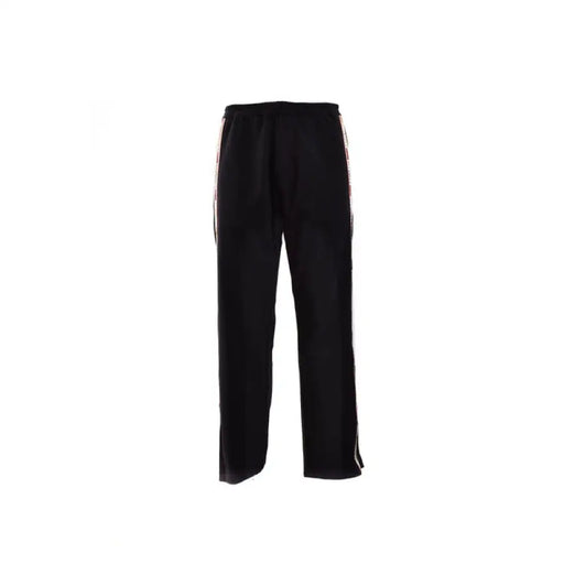 Black track pants with stylish side stripes ideal for sports and casual wear