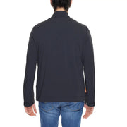Black turtleneck jacket for men in dark navy nylon and spandex with a sleek design and subtle orange brand tag on the sleeve