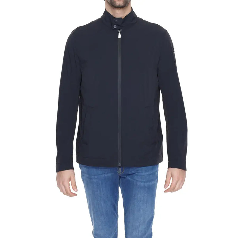 Black turtleneck jacket for men in nylon and spandex with a stand collar zipper and logo patch on the sleeve