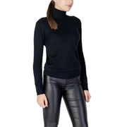 Schwarzer, langärmeliger Strickpullover mit Rollkragen für Damen mit gerippten Bündchen