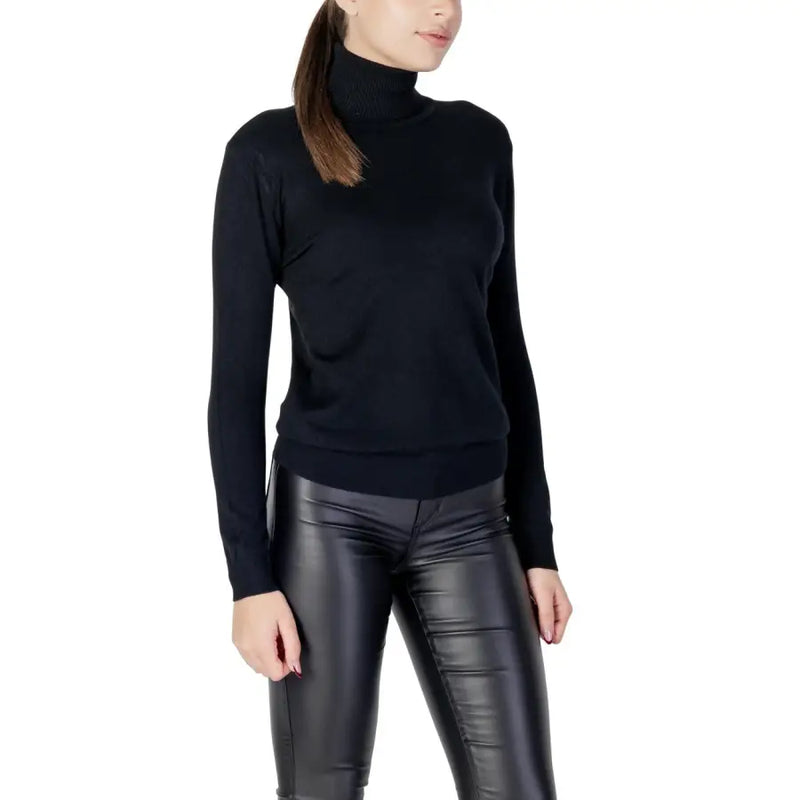 Schwarzer, langärmeliger Strickpullover mit Rollkragen für Damen mit gerippten Bündchen