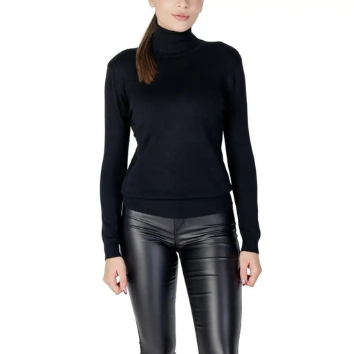 Schwarzer, langärmeliger Strickpullover mit Rollkragen für Damen, gerippter Kragen und Bündchen