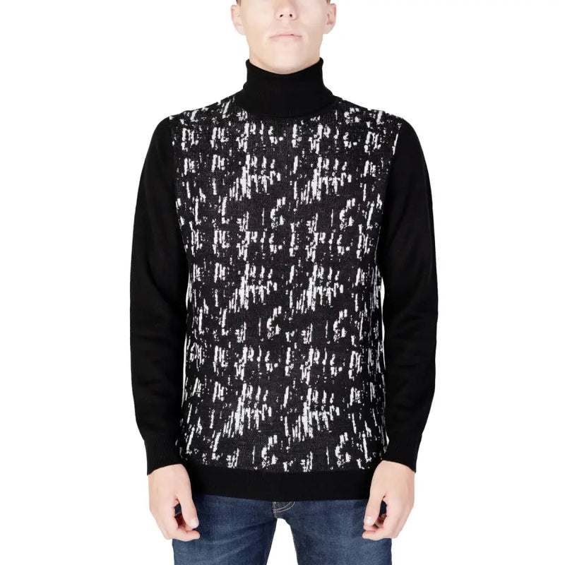 Black and White Turtleneck Sweater with Abstract Pattern for stylish winter wear