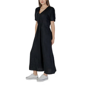 Black v-neck midi dress by B.young with short sleeves and gathered waist suitable for casual and formal occasions