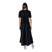 Black V-neck short dress by B.young featuring black cotton midi length with short sleeves and gathered waist detail
