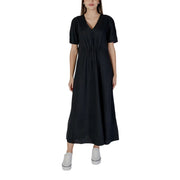 Black v-neck short dress by B.young with short sleeves and gathered waist in a midi length design