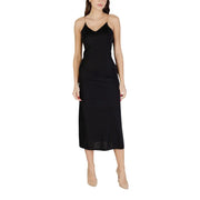 Black v-neck strappy satin slip dress by Morgan De Toi with thin spaghetti straps and elegant silhouette