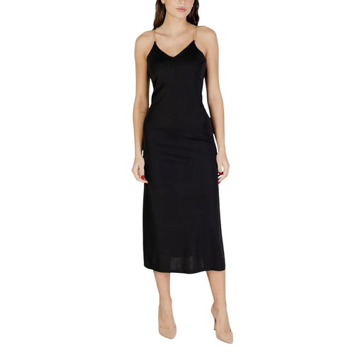 Black v-neck strappy satin slip dress by Morgan De Toi with thin spaghetti straps and elegant silhouette
