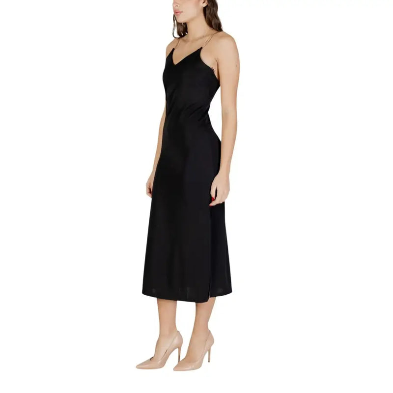 Black v-neck strappy satin slip dress with thin spaghetti straps by Morgan De Toi perfect for elegant occasions