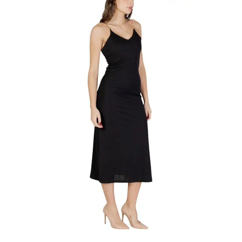 Black v-neck strappy midi dress by Morgan De Toi featuring spaghetti straps and subtle side seam detail